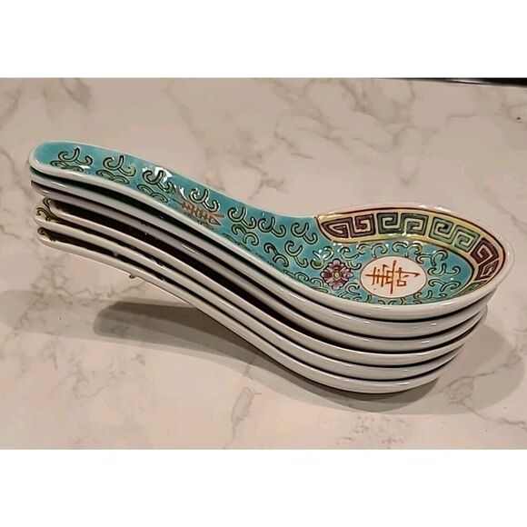 Mun Shou Multi Color Longevity Porcelain Asian Chinese Soup Rice Spoons Set of 6 - Picture 10 of 10